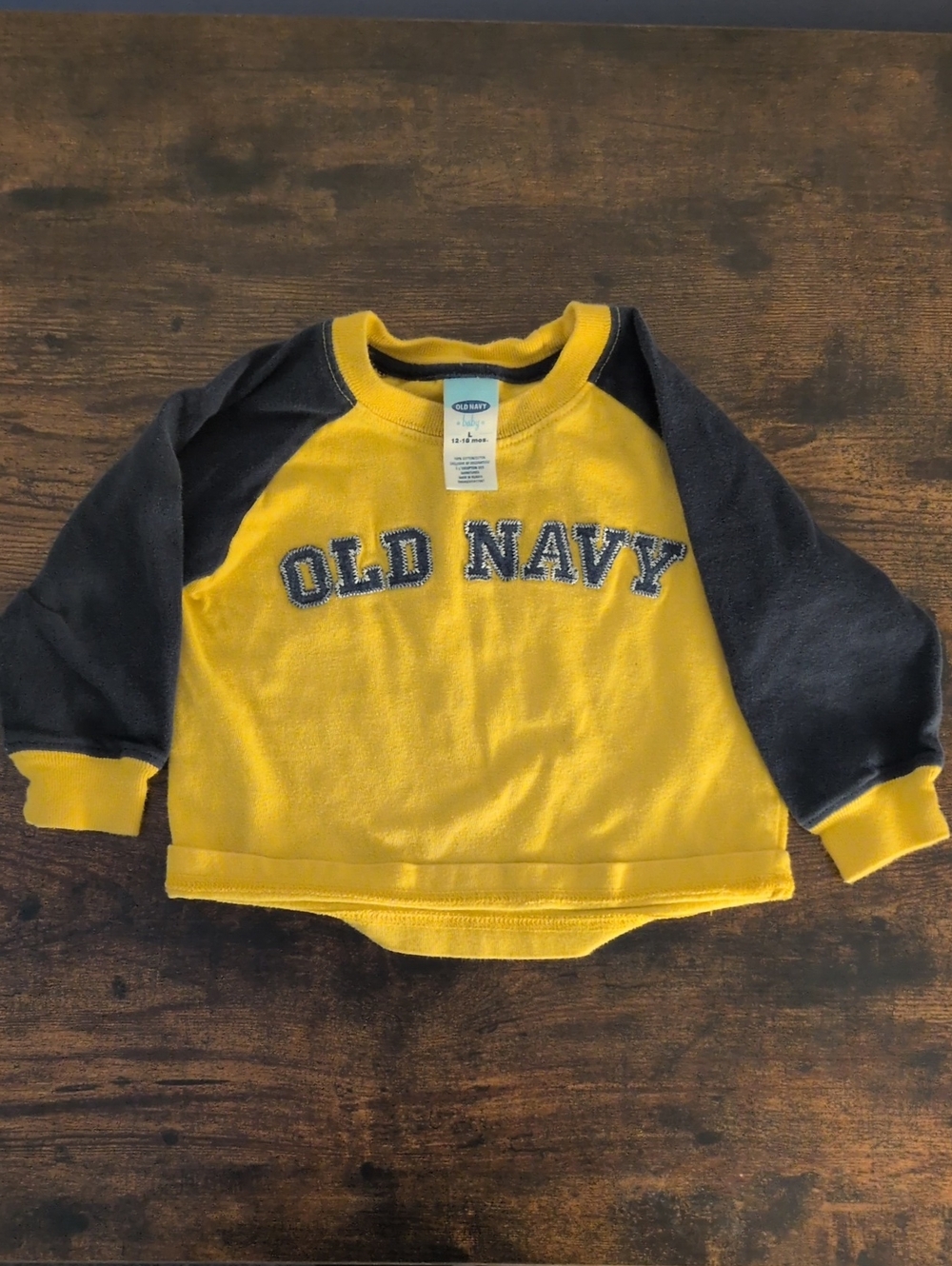 5/$25 Old Navy Yellow Sweatshirt with Navy Raglan Sleeves 12-18M